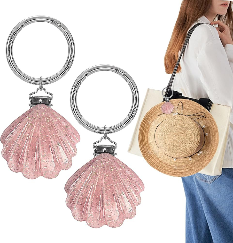 2Pcs Hat Clip for Travel - Hat Holder Clip Hanger Carrier for Travel on Backpack Luggage Bag, Seashell Car Beach Travel Accessory Essentials for Women Pink | Amazon (US)