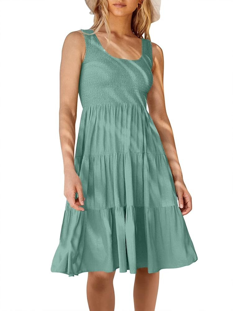 ANRABESS Women's Summer Sleevelesss Scoop Neck Smocked Ruffle Tiered Mini Tank Beach Dress | Amazon (US)