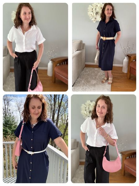 Zeagoo spring fashion!
 ✔️Shirt Dress - Summer Casual Short Sleeve Button Down Shirt Dress with Pockets  in Navy - so versatile! Can belt with all different size belts like I did here. Or open up the buttons and wear as a beach coverup. 

✔️ Button Down, short sleeve, textured, collared blouse in white - a perfect work, business casual top. 

✔️ Cotton/Linen high waisted, wide leg palazzo pants  - has deep pockets and a drawstring for extra comfort.  They are stylish, cool and comfortable!

#LTKworkwear #LTKfindsunder50 #LTKstyletip