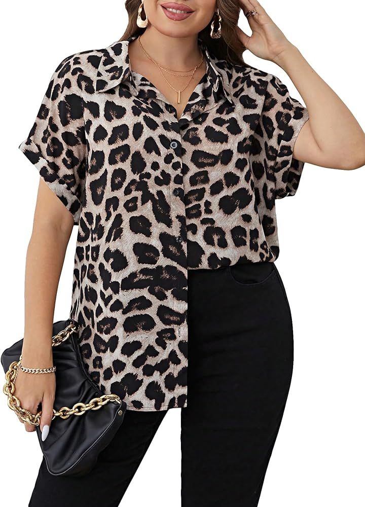 Floerns Women's Plus Size Leopard Print Short Sleeve Button Down Shirt Blouse | Amazon (US)
