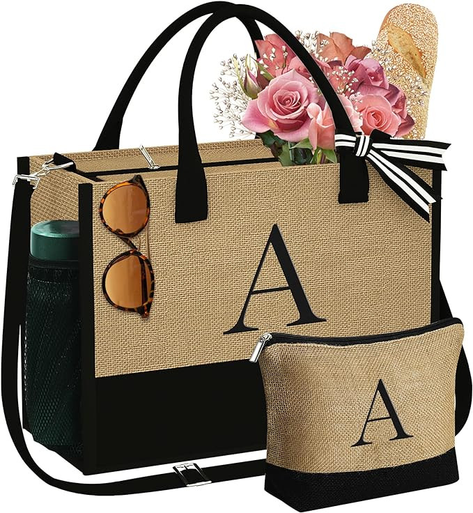 YOOLIFE Personalized Gifts for Women, Initial Jute Tote Bag & Makeup Bag | Amazon (US)
