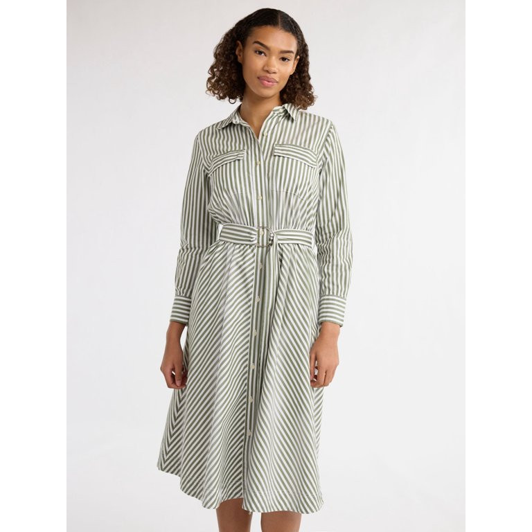 Free Assembly Women's and Women's Plus Belted Cotton Midi Shirtdress with Long Sleeves, Sizes XS-... | Walmart (US)