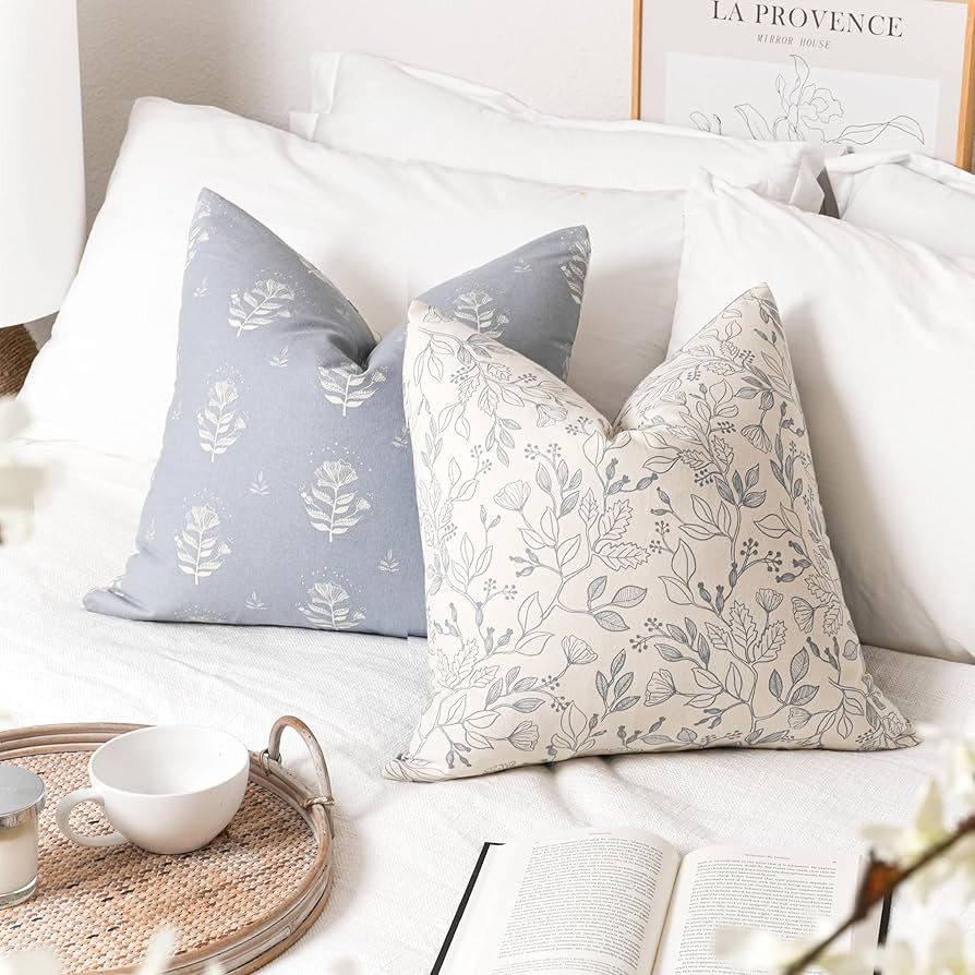 Coastal Blue Farmhouse Decorative Throw Pillow Cover 20x20 Set of 2, Floral Cotton Accent Throw P... | Amazon (US)