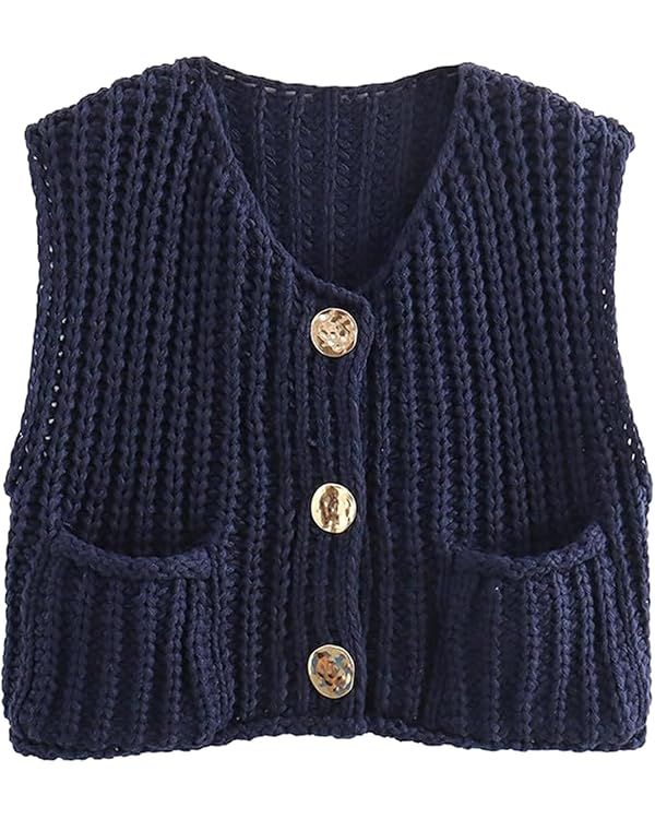 Wyeysyt Womens Sleeveless Crop Knit Cardigan Casual Button Down Cropped Knitted Sweater Vest with... | Amazon (US)