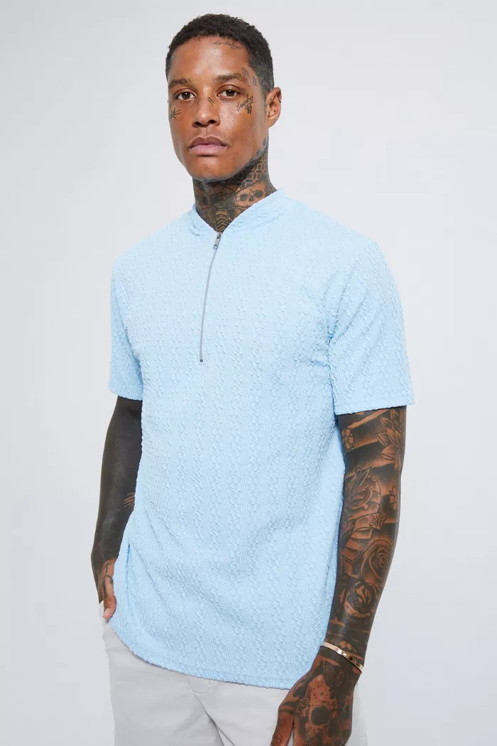 Slim Fit Textured Jersey Bomber Neck Polo | Boohoo.com (US & CA)