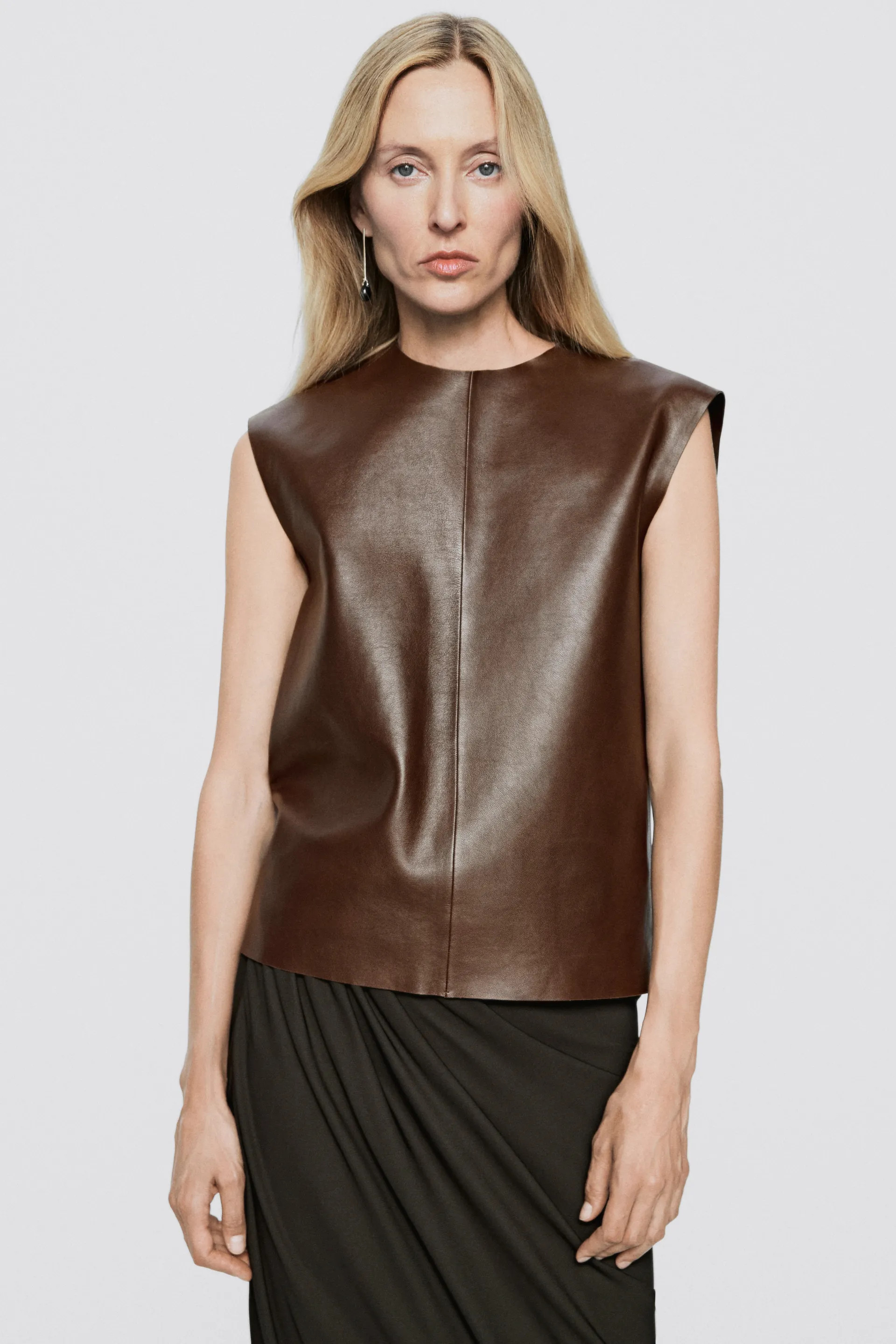 Round neck nappa leather top - LIMITED EDITION - Caramel | Massimo Dutti US