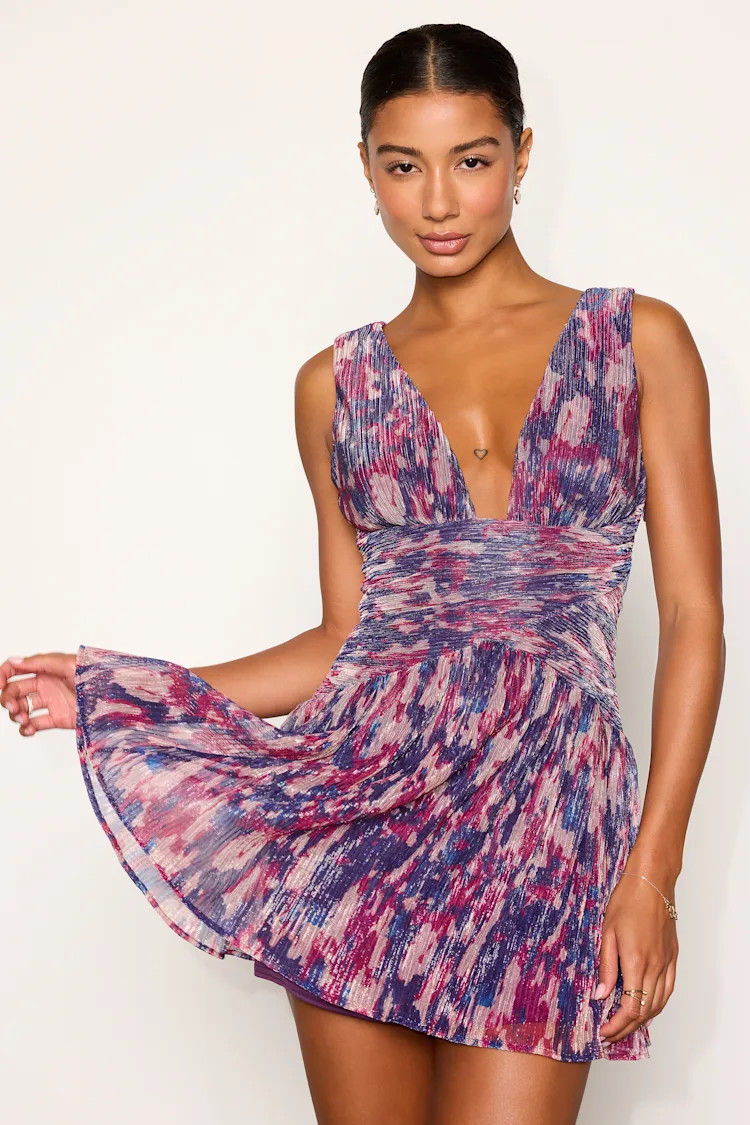 Evaluna Purple Abstract Print Pleated Mini Dress | Lulus