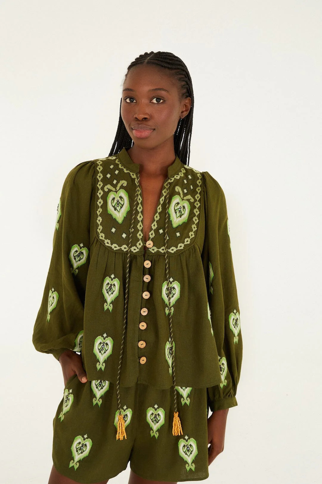 Green Embroidered Puff Sleeve Lenzing� Ecovero� Euroflax� Blouse | FARM Rio | FarmRio (US)