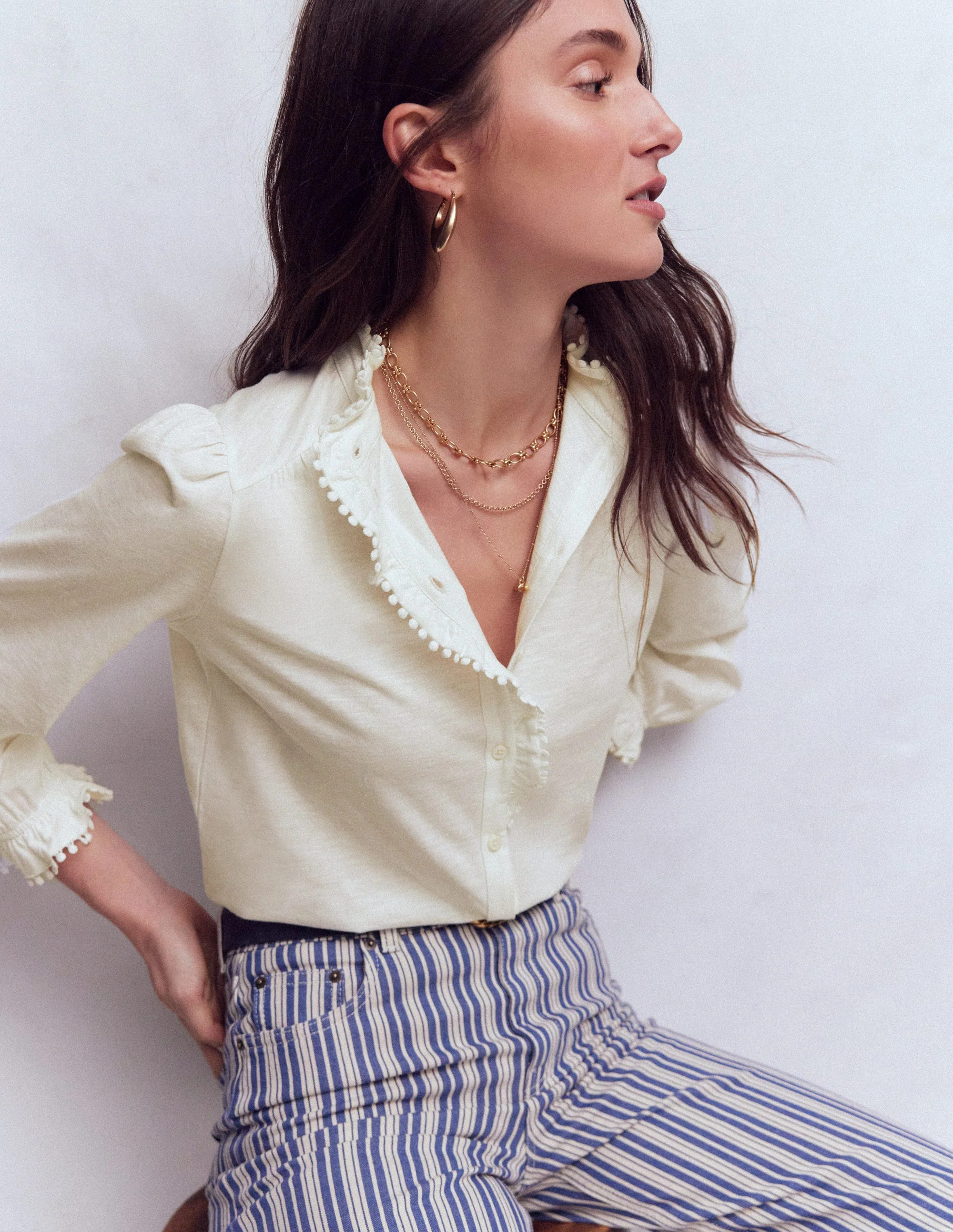 Emily Pom Trim Ruffle Shirt-Ivory | Boden (US)
