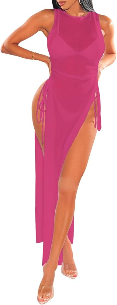 Hot Pink Swimsuit Beach Bikini Cover up Sheer Mesh Dress Sexy See Through Mesh Tops Beachwear | Amazon (US)