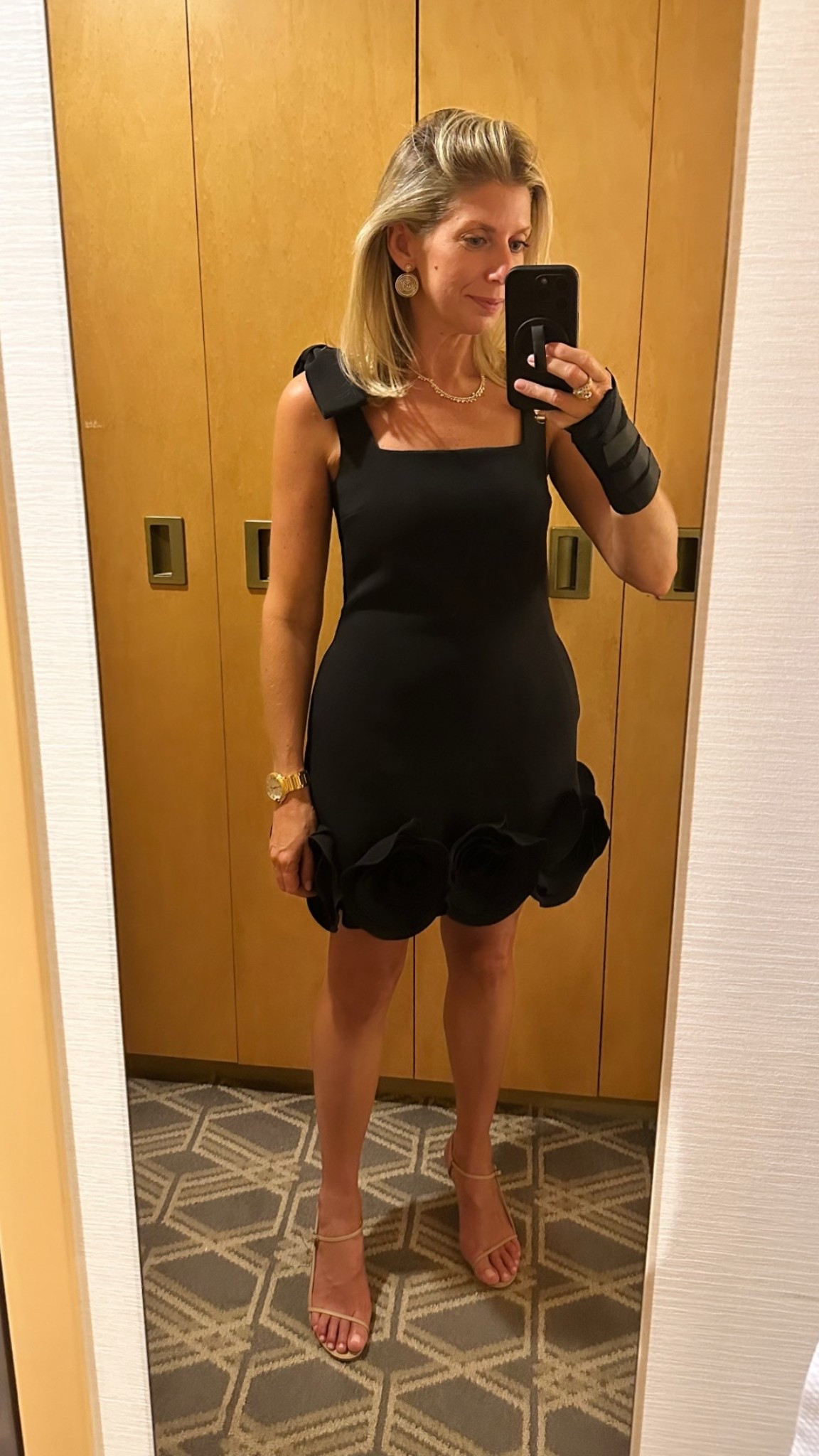 Cocktail party ready! 
Love this forgiving black crepe dress with not so obvious bows on the shoulders and beautiful flower trim. On sale! And jewels to distract from the brace 😂
Dress size 2
Shoes true to size

Effy jewelry
Yellow gold and diamonds
Party earrings
Cocktail ring
Strappy sandals nude
Event wedding guest dress

#LTKWedding #LTKPetite #LTKSaleAlert