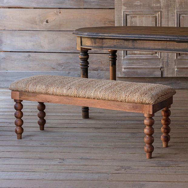 Jute Covered Spindle Leg Bench | Antique Farm House