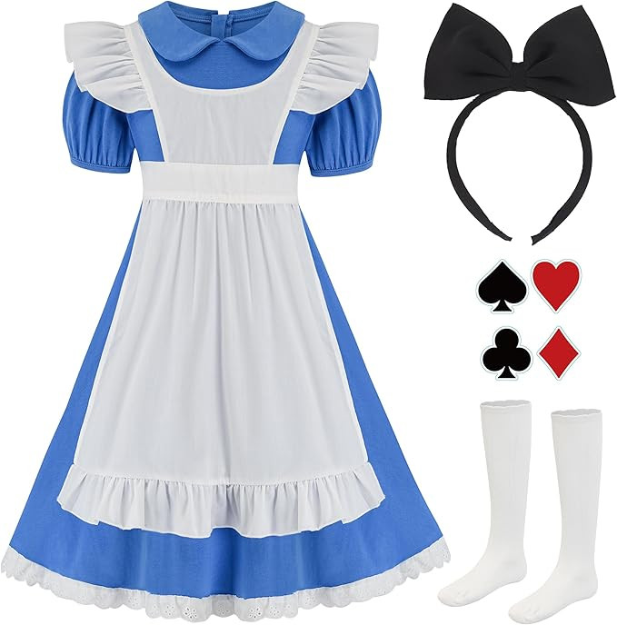 Halloween Costume for Girls, Bule Peter Pan Callar Dress, White Apron and Black Headband | Amazon (US)