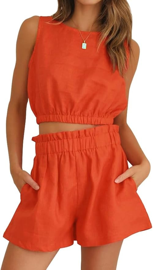 FANCYINN Women Summer 2 Piece Outfits Casual Crop Top Tank Sleeveless and Elastic Waist Pants Sho... | Amazon (US)