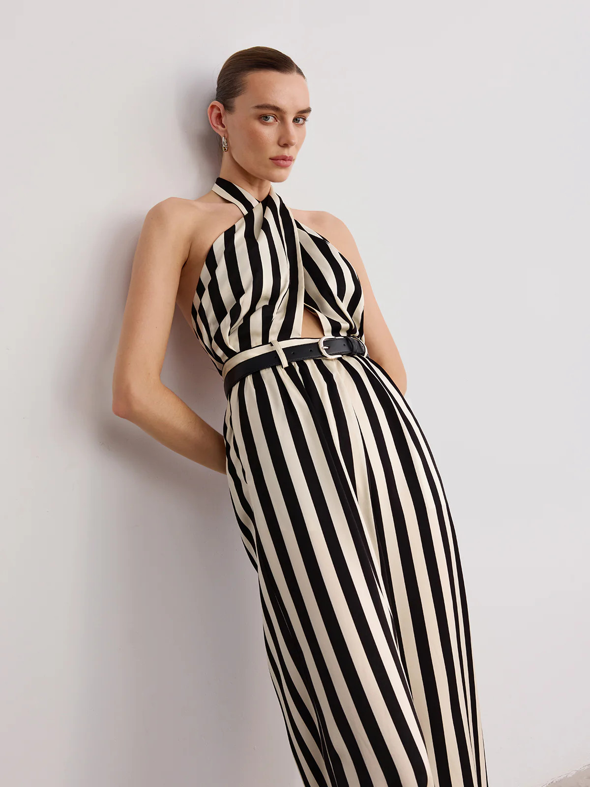 Halter Striped Belted Jumpsuit | Commense