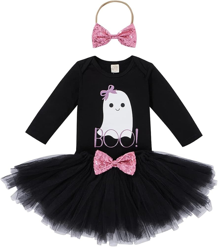 Baby Girls 1st Halloween Pumpkin Ghost Costume Long Sleeve Romper & Tutu Skrit & Headband Outfit ... | Amazon (US)