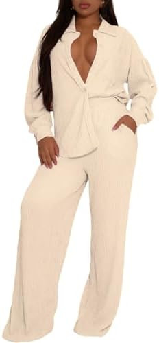 Ophestin Women 2 Piece Dressy Outfits Casual Pleated Long Sleeve Button Down Shirt Wide Leg Pants... | Amazon (US)