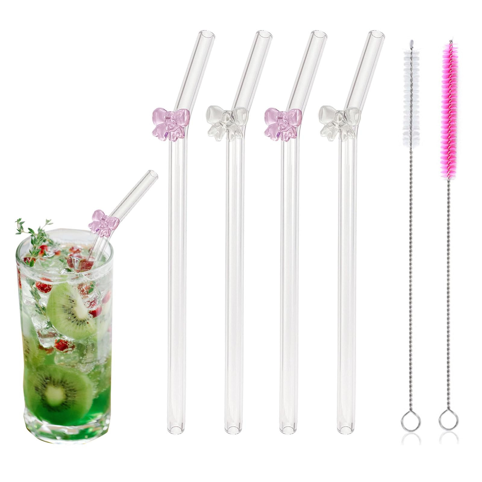 Ribbon Reusable Glass Straws with Charms, Cute Bow Shaped Charm Glass Straw with Cleaning Brush f... | Amazon (US)