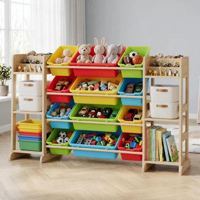 Kids Toy Storage Organizer with 12 Bins & 6 Open Shelves, Solid Wood Bookshelf Cabinet, 52.3" Wide Unit for Playroom Bedroom | Wayfair North America