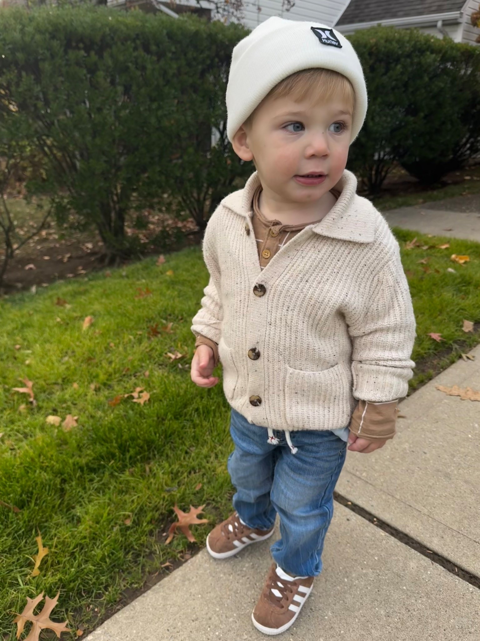 A cozy sweater day 🫶🏻 and this adorable beanie comes in a set with mittens for less than $8! #toddlerboy #falloutfit #winteroutfit 

#LTKBaby #LTKKids