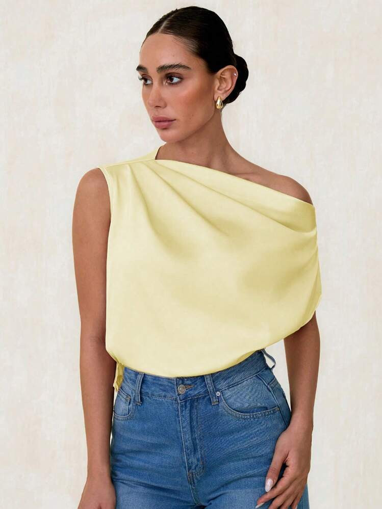 SHEIN Glamour Satin Face Women Blouse With Oblique Shoulder, Pleats & Asymmetrical Hem, Elegant & Casual Wear, Suitable For Party, Commute, Spring & Summer | SHEIN