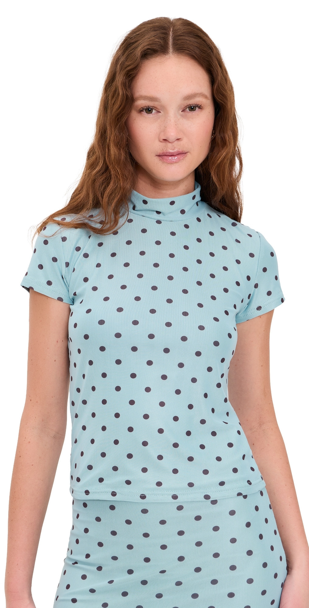Another Girl Polka Dot Mesh High Neck Top Blue/Brown XS | Shopbop