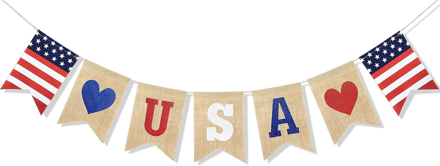 Uniwish USA Banner Burlap Bunting 4th of July Decorations American Independence Day Celebration R... | Amazon (US)