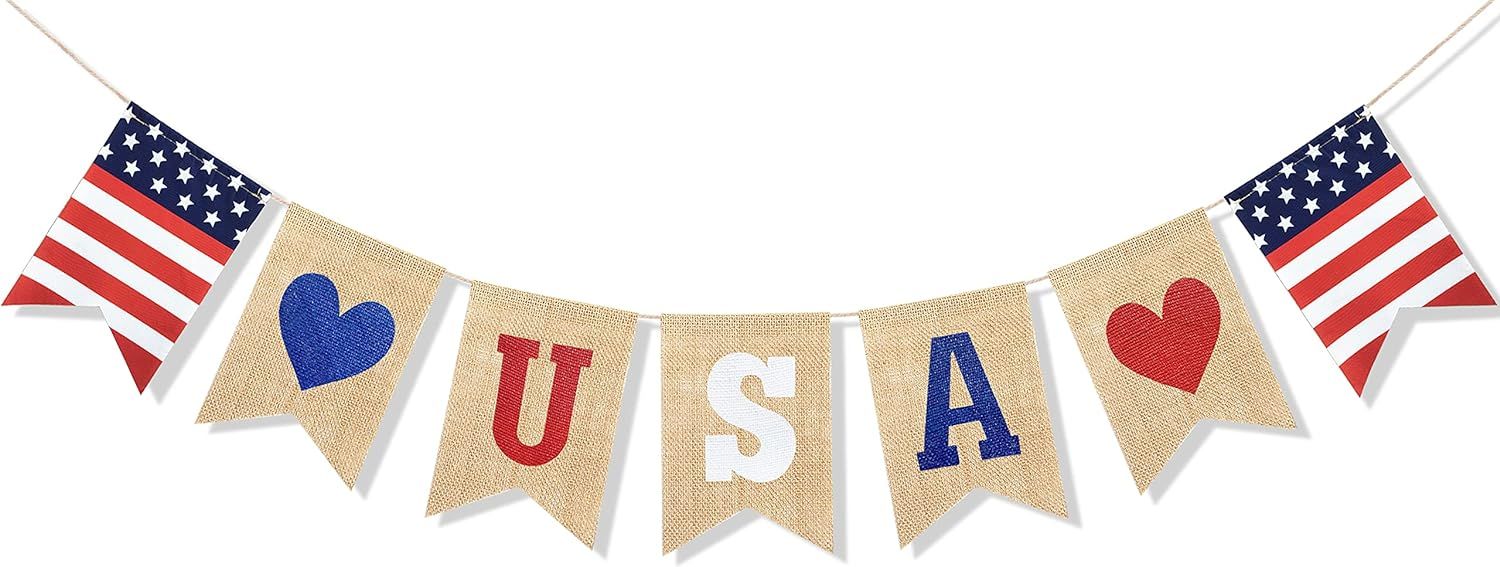 Uniwish USA Banner Burlap Bunting 4th of July Decorations American Independence Day Celebration R... | Amazon (US)