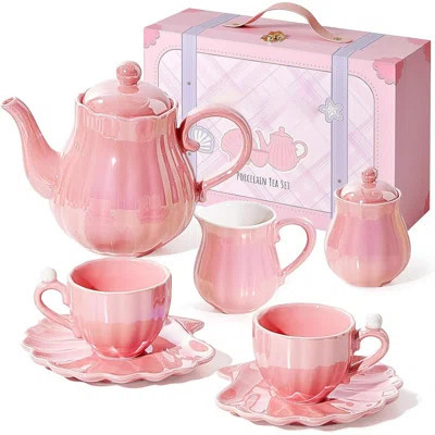 British Royal Princess Series Pearl Pink Porcelain Tea Set - With Teapot, Cups, Saucers, Sugar Bowl & Suitcase, Toddler Kids Tea Party Toy | Wayfair North America