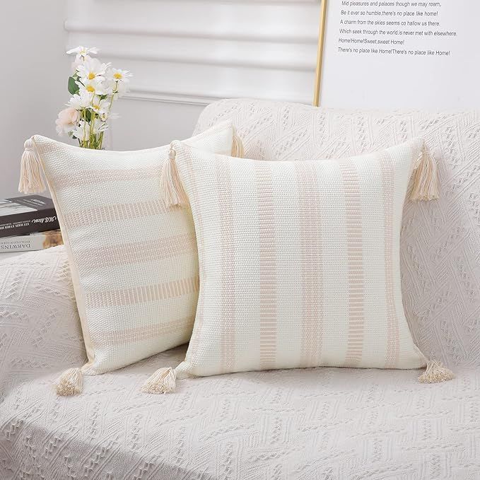 Smile Bee Boho Outdoor Throw Pillow Covers Set of 2, Decorative Woven Striped Pillow Covers with ... | Amazon (US)