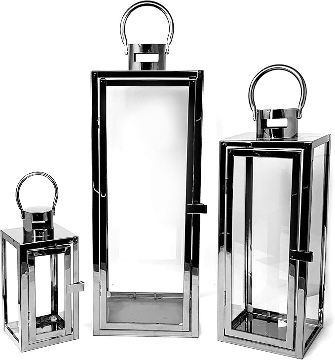 Allgala 3-PC Lantern Set 23 Inch Jumbo Deluxe Modern Indoor/Outdoor Candle Lantern Set Stainless ... | Amazon (US)