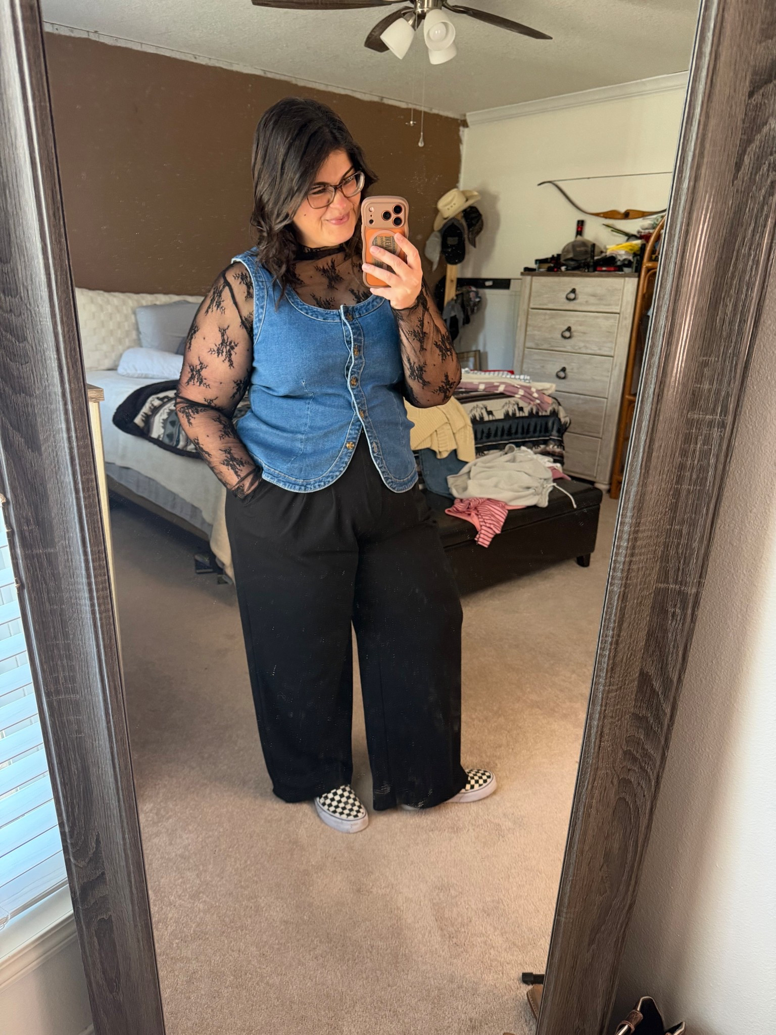 Stole this look straight from Pinterest and I ain’t even mad about it. These wide leg trousers and ahmazing, the mesh top and the denim vest!? A midsize girls dream. I’m in a large in in everything 🤍 

#LTKootd #LTKgrwm #LTKMidsize