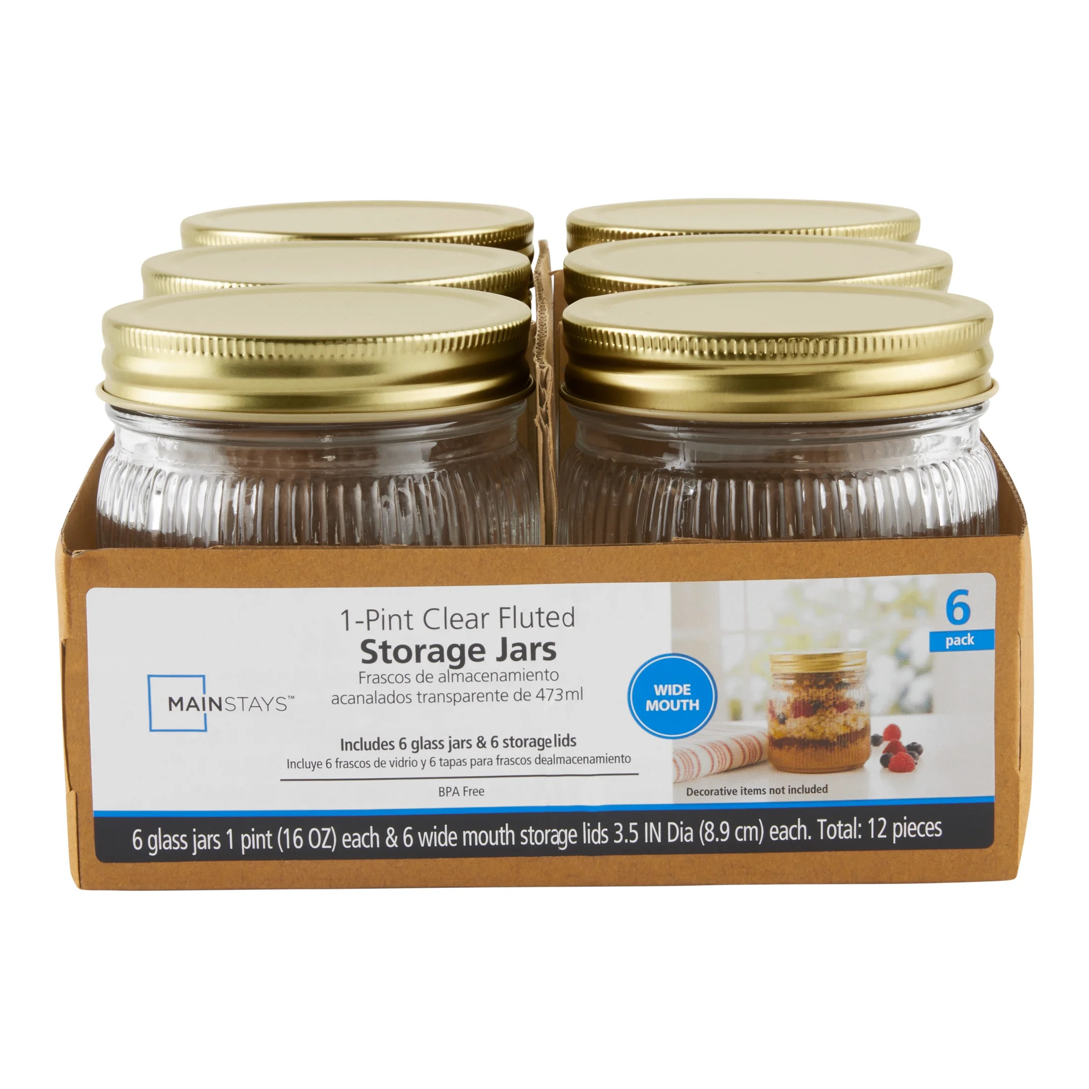 Mainstays 16 oz Airtight Clear Fluted Glass Wide Mouth Storage Jars (6 Count) | Walmart (US)