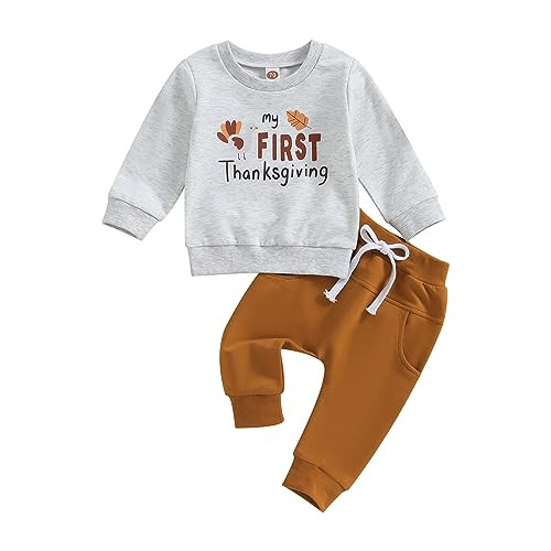 Amnnchya Toddler Baby Boy Thanksgiving Outfit Turkey Long Sleeve Sweatshirt Pants My First Thanksgiving Baby Boy Outfit (Light Gray, 12-18 Months) | Amazon (US)