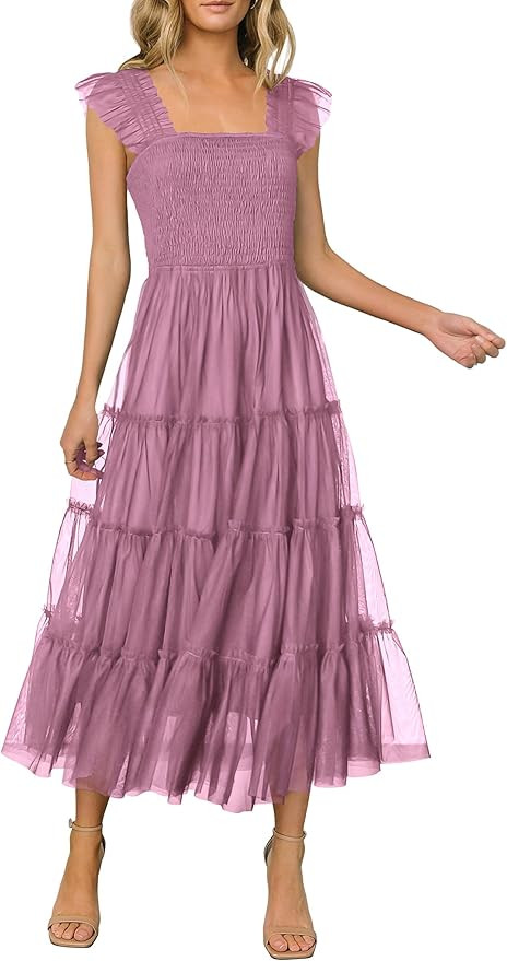 PRETTYGARDEN Women's 2024 Summer Midi Dress Casual Sleeveless Smocked Ruffle Tulle Flowy Beach Su... | Amazon (US)