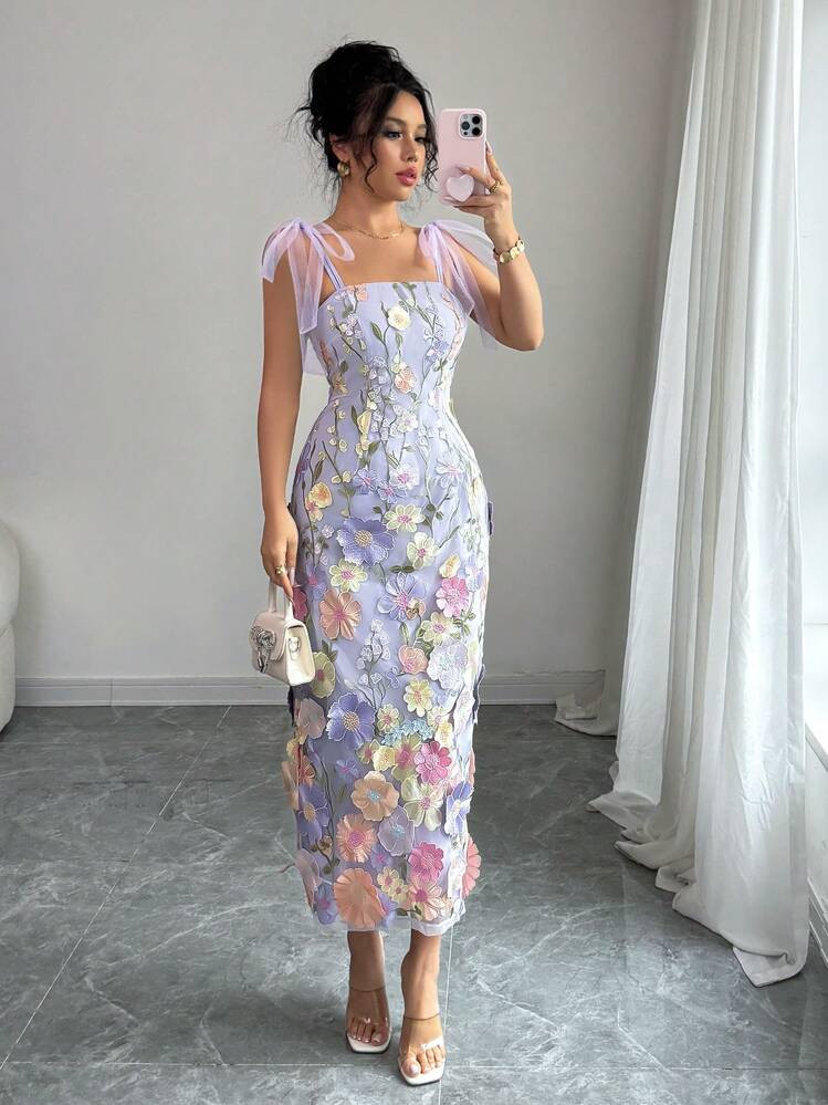 Tulle Bowknot Shoulder Strap Sleeveless Dress | SHEIN