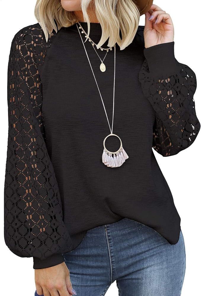 Women’s Long Sleeve Tops Lace Casual Loose Blouses T Shirts | Amazon (US)