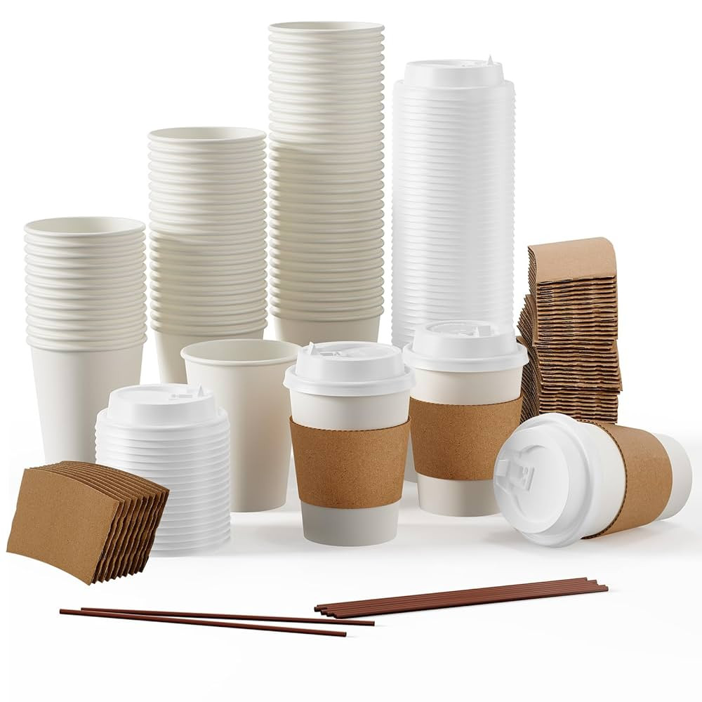 [100 Pack] 12 oz Paper Coffee Cups, Disposable Paper Coffee Cup with Lids, Sleeves, and Stirrers,... | Amazon (US)
