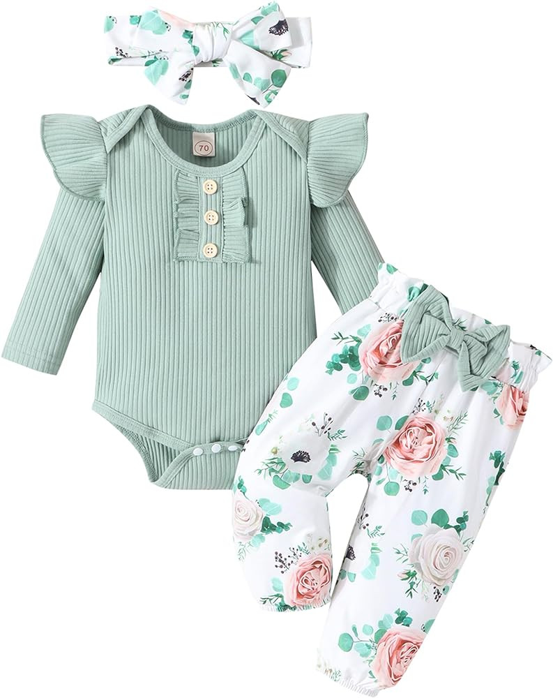 GDTOGRT Baby Girl Clothes Newborn Infant Outfits Ruffle Romper+ Floral Pants + Cute Headband Sets... | Amazon (US)