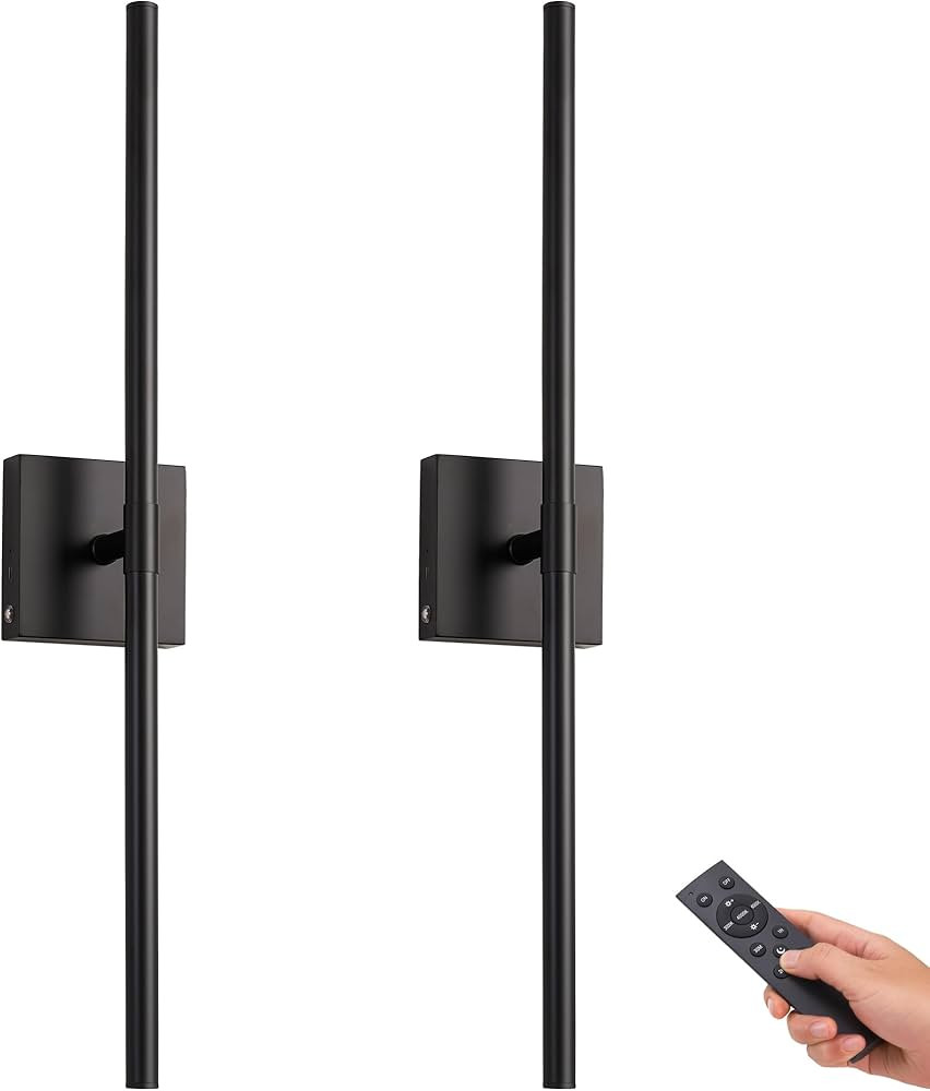 Battery Operated LED Wall Sconces Set of Two, 25" Wireless Dimmable Black Wall Lights with Remote... | Amazon (US)