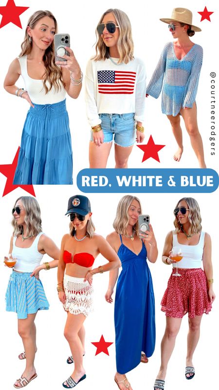 Memorial Day Outfit Inspiration ❤️💙🇺🇸
Top
Outfit 1: small bodysuit / small skirt
Outfit 2: XS sweater (runs big) /4/27 shorts
Outfit 3: size small coverup
Bottom
Outfit 1: small skort/ small tank
Outfit 2: small swimsuit/ medium skirt
Outfit 3: XS dress 
Outfit 4: small skort/ small tank


Memorial Day, Fourth of July, Patriotic, Red white and blue 

#LTKSaleAlert #LTKFindsUnder100 #LTKStyleTip