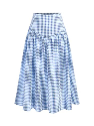 CIDER Gingham Long Skirts for Women Maxi Plaid Skirt A Line High Waist Summer Skirts Casual Trendy: Light Blue, L | Amazon (US)