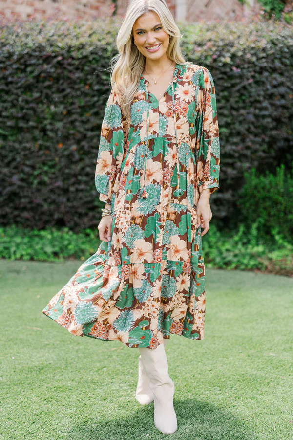 Wildflower Whimsy Brown Floral Midi Dress | The Mint Julep Boutique