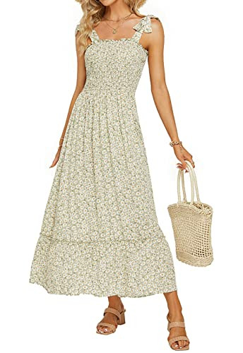 Tobrief Womens Smocked Dress Ruffle Floral Tie Strap Boho Long Maxi Dresses Light Green S | Amazon (US)