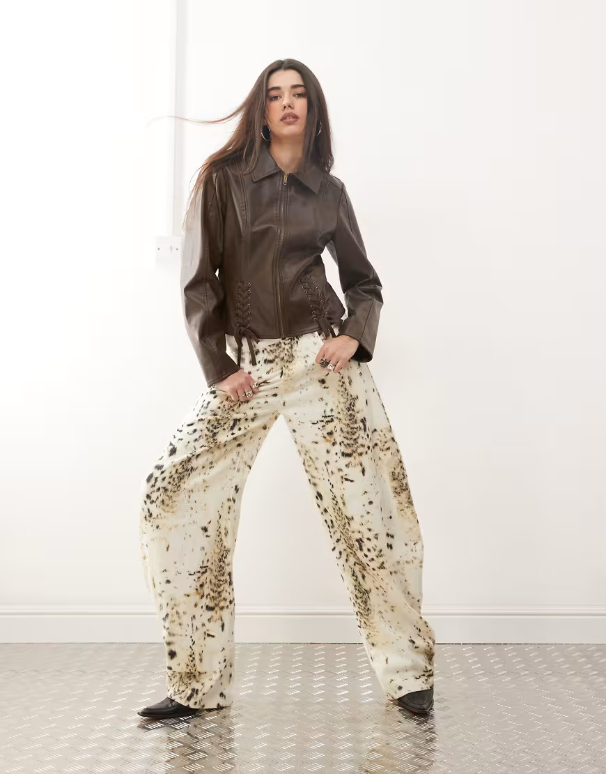 Lioness horseshoe barrel leg jeans in ecru snow leopard print-Multi | ASOS (Global)