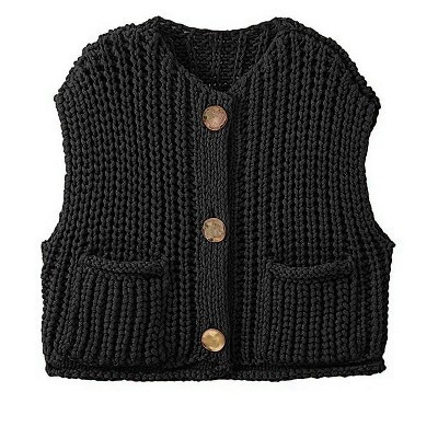 Clearlove Sleeveless Cropped Button Down Cardigan Sweater Vest for Women Trendy Crochet Cable Knit Tops with Pockets,Black,S | Target