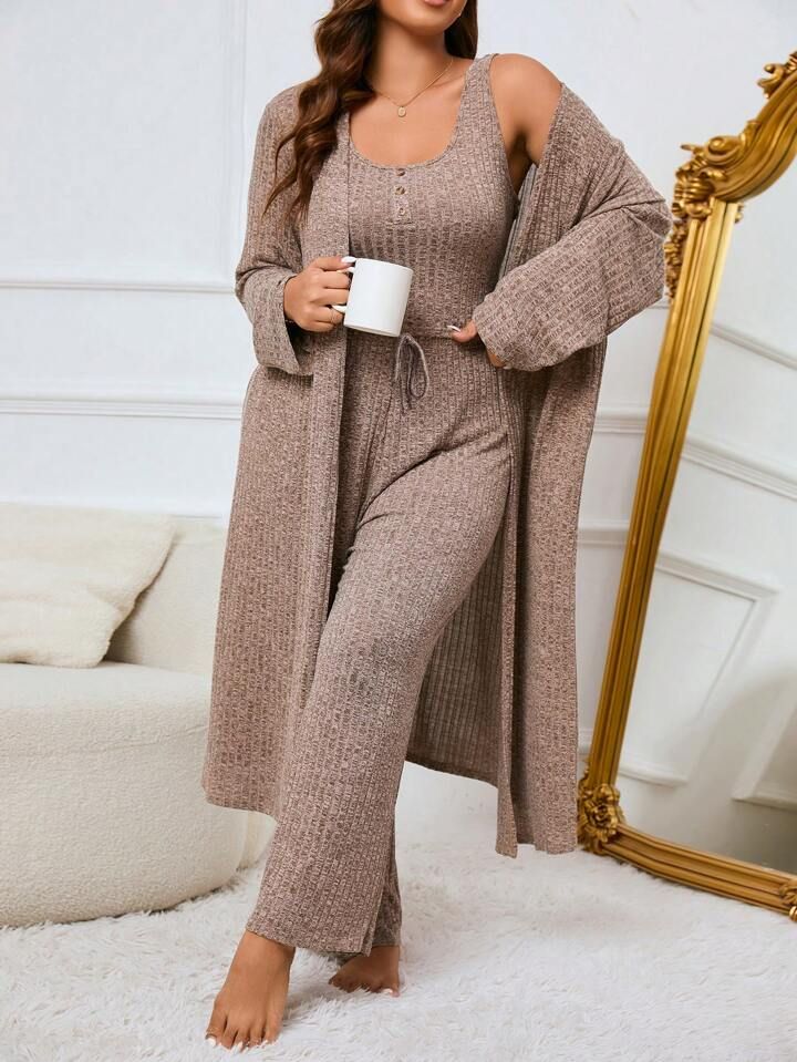 Plus Button Front Tank Top & Pants & Open Front Robe Set | SHEIN