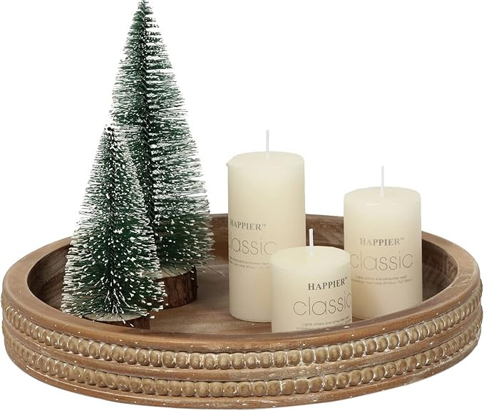 Carah & Cossh 12'' Round Wooden Tray, Whitewashed Round Decorative Wood Tray, Round Farmhouse Rus... | Amazon (US)