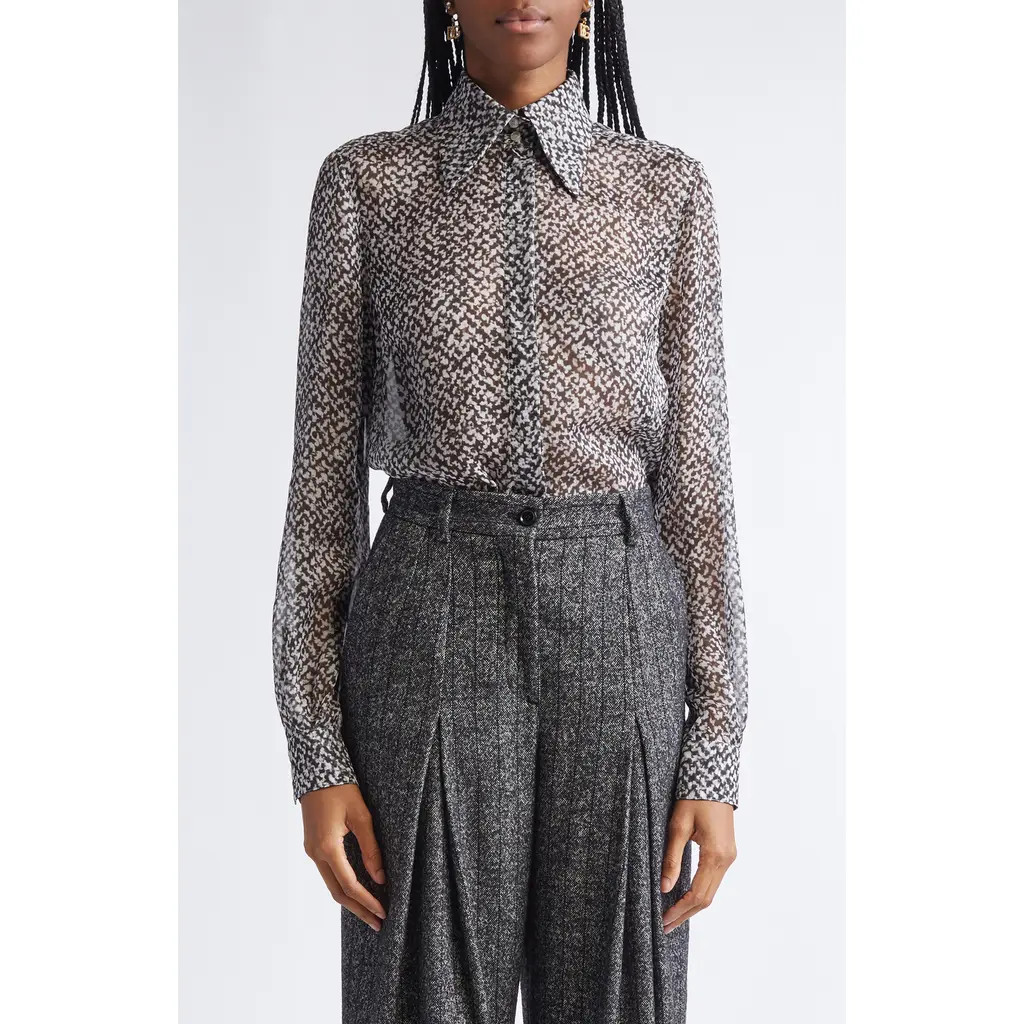 Dolce&Gabbana Bouclé Print Silk Chiffon Button-Up Shirt in Hh5Qr Boucle Bco/Nero at Nordstrom, Size 8 Us | Nordstrom