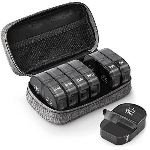 AUVON Canvas Bag Travel Pill Organizer 2 Times a Day, Large AM/PM Weekly Pill Box 7 Day Pill Case with Portable Gray Zipper Cloth Bag for Holding Supplements, Vitamins and Fish Oils | Amazon (US)